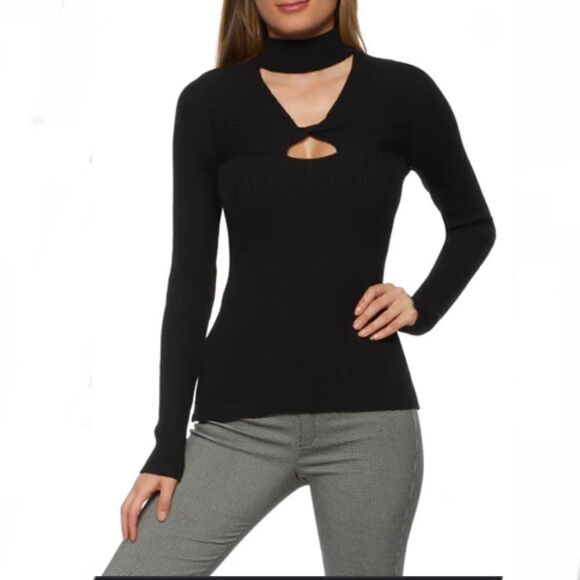 NWT Almost Famous Sz 1X Black Keyhole Cut Out Ribbed Knit Super Stretch Sweater - Picture 1 of 11